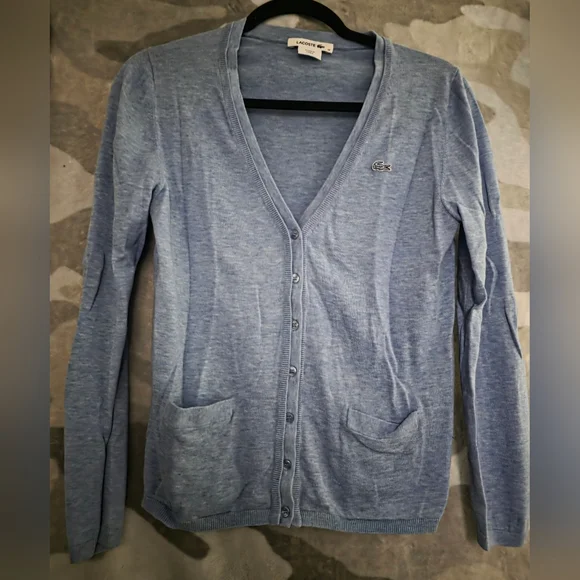 Lacoste Women’s Light Blue V-Neck Cotton Cardigan Tenniscore - Size 34 (XS/S) - Picture 2 of 4
